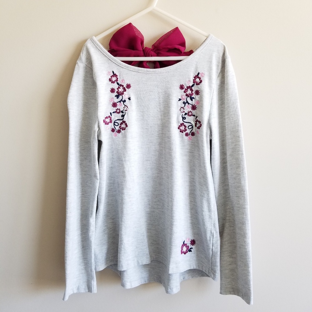 Girls Long Sleeve Floral Embroidered Bow Back Top